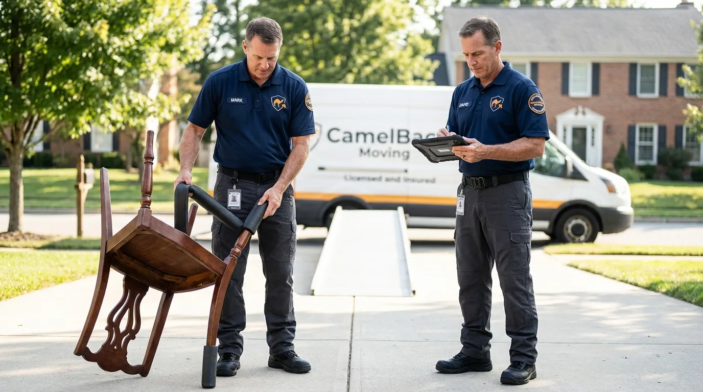 Movers inspecting furniture for damage prevention before loading in Cornersville, TN