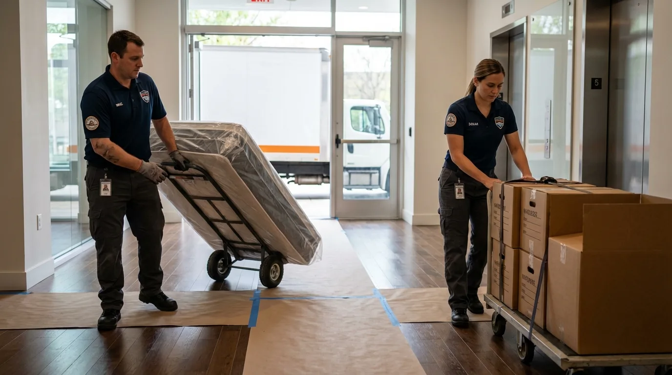 Professional apartment movers loading elevator in Cornersville, TN